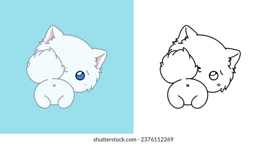 Set Vector Persian Cat Multicolored and Black and White. Kawaii Clip Art Kitten. Cute Vector Illustration of a Kawaii Animal for Stickers, Prints for Clothes, Baby Shower. 