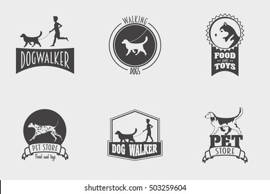 Set of vector pet shop or store, dog walker logos, badges and labels design templates.