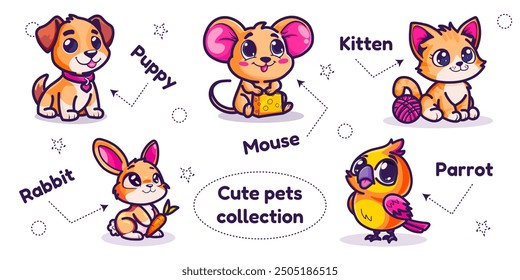 Set of vector pets in a flat style. Cute pets collection for children's book, learning card, school poster