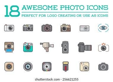 Set of Vector Photo Camera Photography Elements and Video Camera Icons Illustration can be used as Logo or Icon in premium quality Flat Icons Style