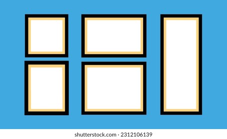 Set of vector photo frame with blue background. mockup design. blank frame set hanging on a wall. sheets for a notes. set realistic photo card