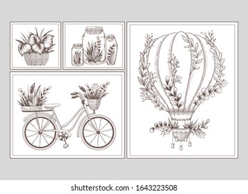 Set of vector photo frames with different decoration elements, plants, light bulb, bicycle in engraving hand drawn style