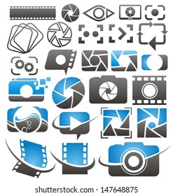 Set of vector photography and video icons, symbols, logos and signs. Photo and camera design elements collection. 