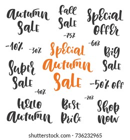 A set of vector phrases dedicated to autumn discounts. Lettering imitating an inscription with a brush on a white background. Calligraphy for your design
