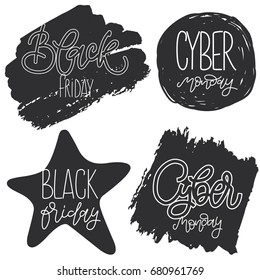 Set of vector phrases on a black background. For the design of postcards, posters, website or banner about black Friday or cyber Monday. Calligraphic illustration