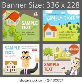 Set of vector pictures for banner design. Vector templates for create banners for Adwords advertising, size 336 x 228. Four illustrations for real estate business: sale house or rent house