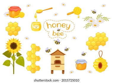 Set of vector pictures of beekeeping in cartoon style.
