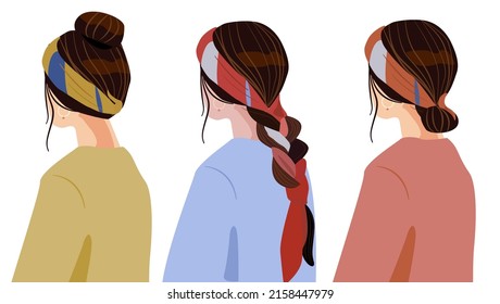 A set of vector pictures of a girl's hairstyles. Hairstyle with a bandana bundle on the head, ribbon woven into a braid, assembled tail on the head with a handkerchief