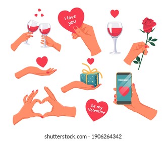 set of vector pictures, icons or stickers with hand gestures, heart, glass of wine, gift and rose. Use as a symbol of love, congratulations, March 8 and Valentine's Day. Isolated stock illustration