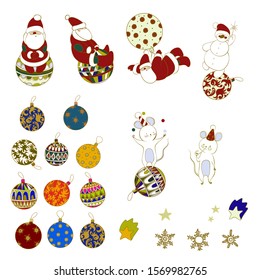 Set of vector pictures for the new year. decorative stickers and elements with santa, christmas toys, rat, snowman, snowballs