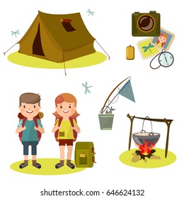 Set of vector pictures on subjects traveling around the city, tourism and fishing. A boy and a girl go camping with a tent and rucksacks, a fish soup is cooked at the stake.