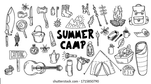 Set of vector pictures on the theme of camping. Doodle style. Suitable for postcards, for backgrounds, flyers, decorations, banners. It can be used as a sample for the designer. Eps 8.