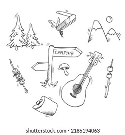 Set of vector pictures on the theme of camping. Doodle style. Suitable for postcards, for backgrounds, flyers, decorations, banners. It can be used as a sample for the designer. Eps 8.