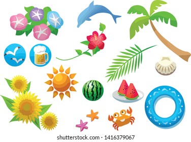 
Set of vector pictures for summer holiday: beach, palm tree, dolphin, flowers, sun, beer, gulls