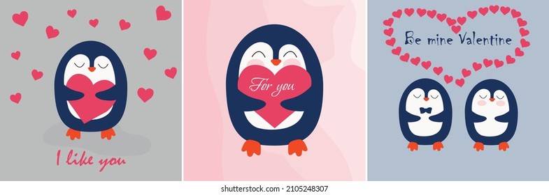 Serie de imágenes vectoriales para el Día de San Valentín. Tarjetas de San Valentín para amigos y seres queridos. Ilustraciones de pingüinos enamorados, pájaros sosteniendo corazones.