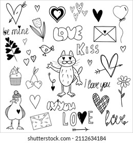 A set of vector pictures for Valentine's Day in doodle style.