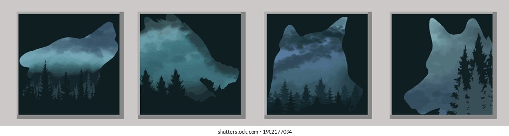 Set of vector pictures with wolves. Wolves and the forest. Illustration. Abstract landscape. Vector image of a wolf. Wildlife. Trees and landscapes. Illustration with wolves. Framed pictures.