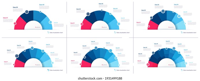 Set of vector pie chart infographic templates in the form of semicircle.