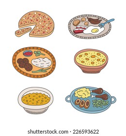 Set of vector pied doodle food icons like  in flat style