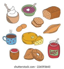 Set of vector pied doodle food icons like soup jam coffee cheese pie patty and ice cream in flat style