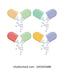 Conjunto de pastillas vectoriales y cápsulas. Iconos de medicina. Comprimidos en blisters: analgésicos, antibióticos, vitaminas y aspirina. Símbolos farmacia y drogas. Ilustración médica de fondo blanco 4