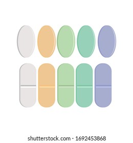 Set of vector pills and capsules. Icons of medicament. Tablets in blisters: painkillers, antibiotics, vitamins and aspirin. Pharmacy and drug symbols. Medical illustration on white background