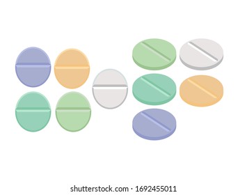 Set of vector pills and capsules. Icons of medicament. Tablets in blisters: painkillers, antibiotics, vitamins and aspirin. Pharmacy and drug symbols. Medical illustration on white background.