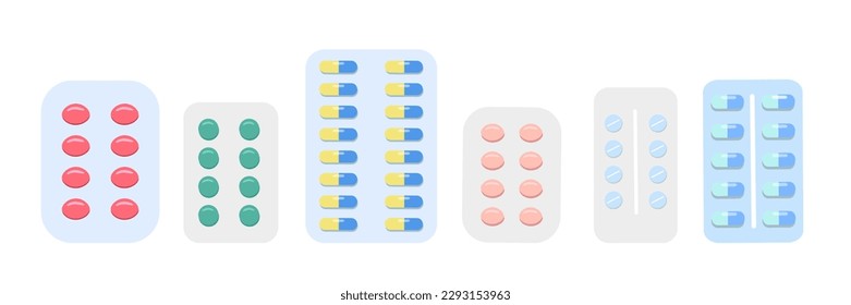 Conjunto de pastillas vectoriales y cápsulas. Medicamento para los iconos. Comprimidos en blisters: analgésicos, antibióticos, vitaminas. Farmacia y símbolos de medicamentos. Ilustración vectorial aislada en fondo blanco.