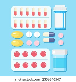 Conjunto de pastillas vectoriales y cápsulas. Iconos de medicina. Comprimidos en blisters: analgésicos, antibióticos, vitaminas y aspirina. Farmacia y símbolos de medicamentos.