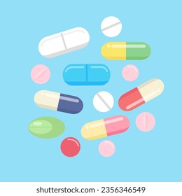 Set of vector pills and capsules. Icons of medicament. Tablets in blisters: painkillers, antibiotics, vitamins and aspirin. Pharmacy and drug symbols.