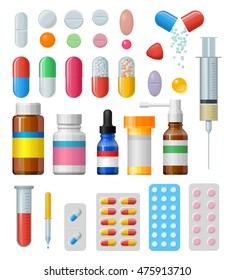 Set of vector pills and capsules. Icons of medicament. Tablets in blisters: painkillers, antibiotics, vitamins and aspirin. Pharmacy and drug symbols. Medical illustration on white background.