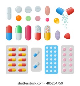 Set of vector pills and capsules. Icons of medicament. Tablets in blisters: painkillers, antibiotics, vitamins and aspirin. Pharmacy and drug symbols. Medical illustration on white background.