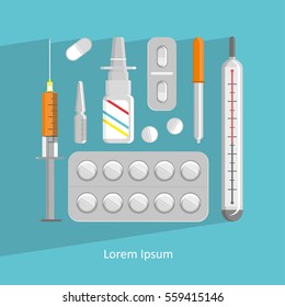 Set of vector pills and capsules. Icons of medication. Vector illustration