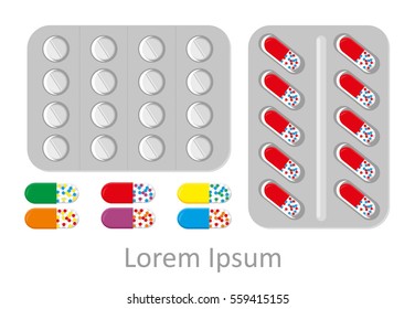 Set of vector pills and capsules. Icons of medication. Vector illustration