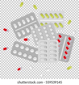 Set of vector pills and capsules. Icons of medication. Vector illustration