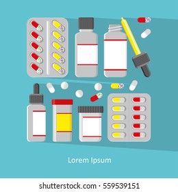 Set of vector pills and capsules. Icons of medication. Vector illustration