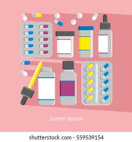Set of vector pills and capsules. Icons of medication. Vector illustration