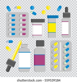 Set of vector pills and capsules. Icons of medication. Vector illustration