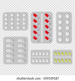 Set of vector pills and capsules. Icons of medication. Vector illustration