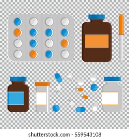 Set of vector pills and capsules. Icons of medication. Vector illustration