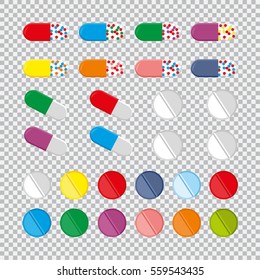 Set of vector pills and capsules. Icons of medication. Vector illustration