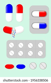 Set of vector pills and capsules isolated on background. Medicines, tablets, capsules, pain relievers, antibiotics, vitamins