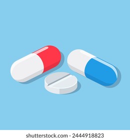 Set of vector pills and capsules isometric icon. painkillers, antibiotics, vitamins and aspirin. Medical pills icon. vector illustration in flat style