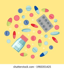Conjunto de pastillas vectoriales y cápsulas. analgésicos, antibióticos, vitaminas y aspirina. Blister y frasco de las píldoras. Icono de píldoras médicas. ilustración vectorial en estilo plano