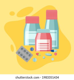 Set of vector pills and capsules . painkillers, antibiotics, vitamins and aspirin. Pills blister and jar. Medical pills icon. vector illustration in flat style
