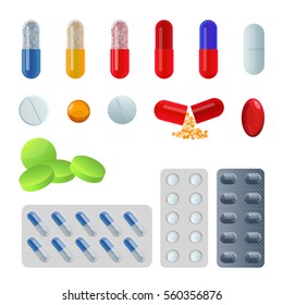 Set of vector pills and capsules. Tablets in blisters painkillers and antibiotics, vitamins and aspirin. Pharmacy icons of medicament drug symbols. Medical vector illustration on white background.
