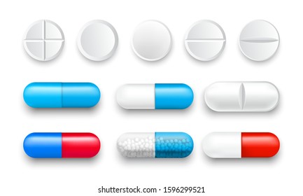 Set of vector pills and color capsules isolated