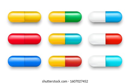 Set of vector pills and color capsules isolated