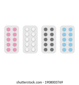 Set of vector pills. Medical vitamin pharmacy illustration in flat style.  Icons of medicament. Tablets different colors in blisters. Pharmacy and drug symbols.