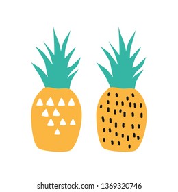 Set of vector pineapples. Cute fruits. Vector illustration of pineapple. Print of fruit for t-shirt. Pineapple icon. 